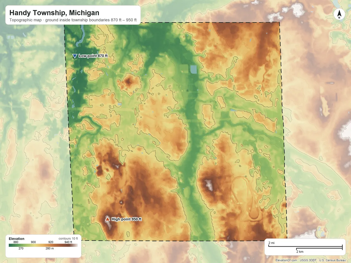 Topographic elevation map of Handy Township, Michigan, shaded from 870 ft on the northwest side to 950 ft on the southwest side