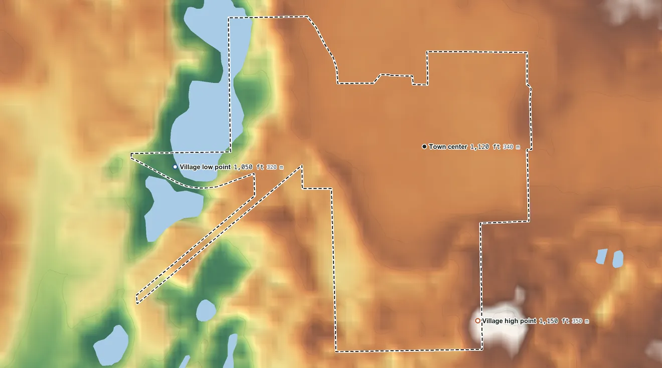 Topographic elevation map of Hanover, Michigan, shaded from 1,050 ft on the west side to 1,150 ft on the south side