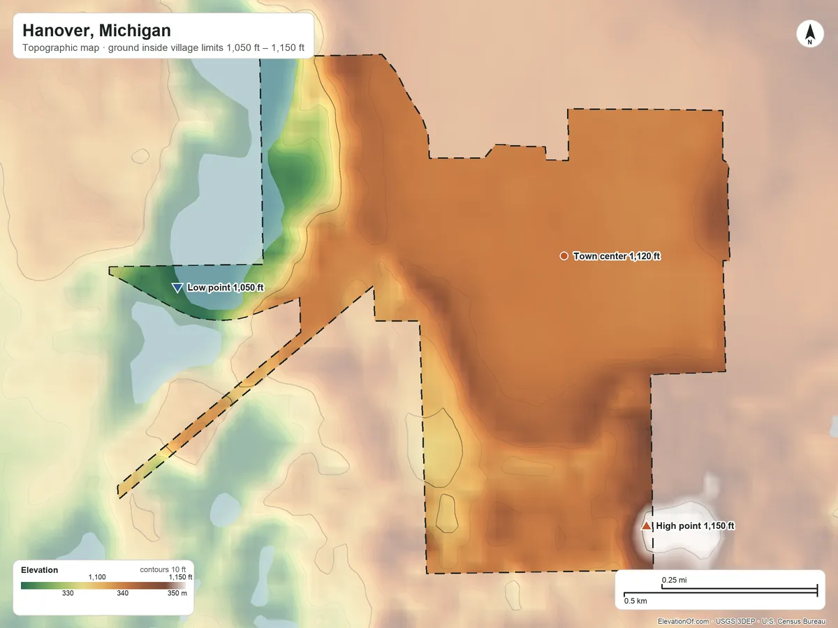 Topographic elevation map of Hanover, Michigan, shaded from 1,050 ft on the west side to 1,150 ft on the south side