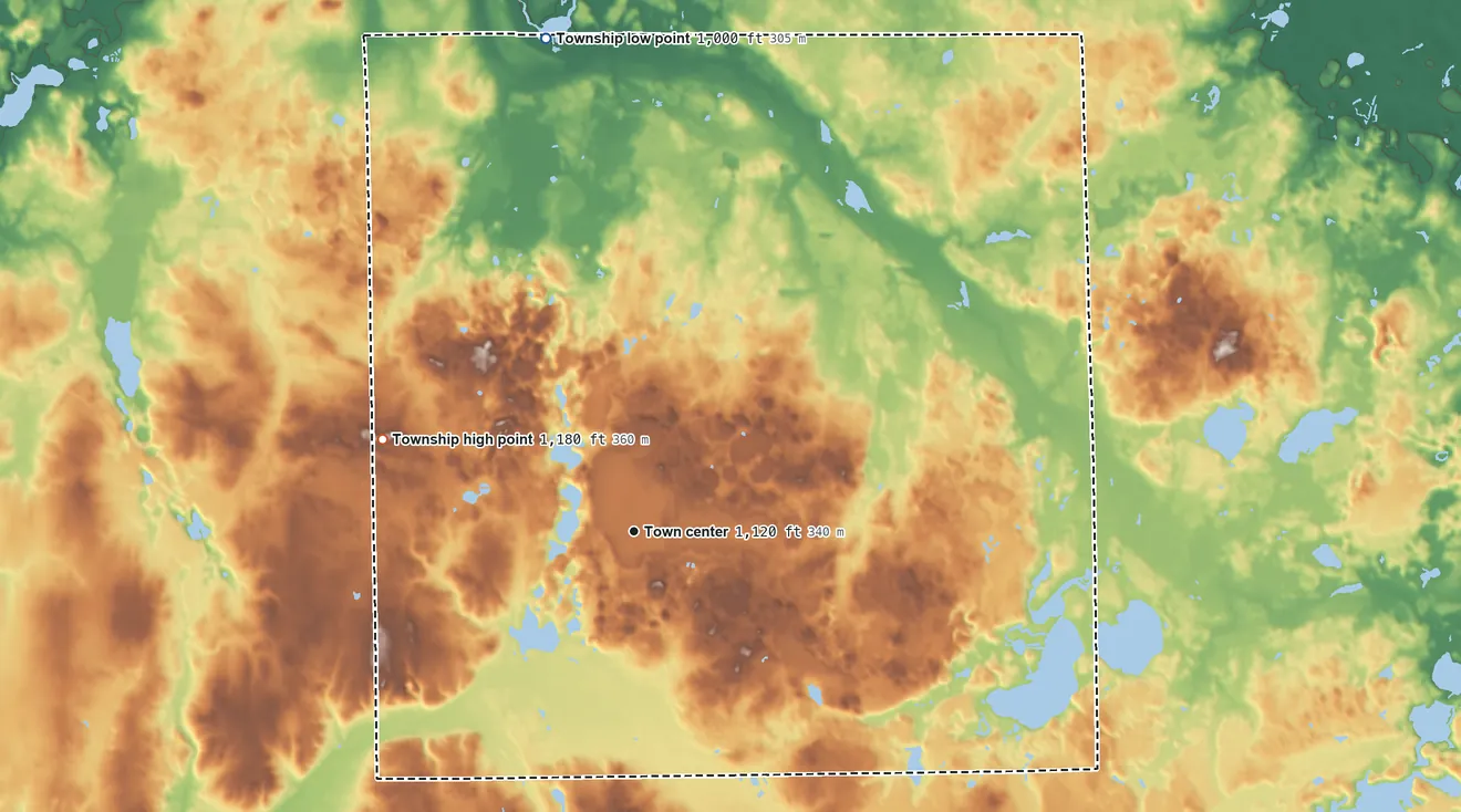 Topographic elevation map of Hanover Township, Michigan, shaded from 1,000 ft on the north side to 1,180 ft on the west side