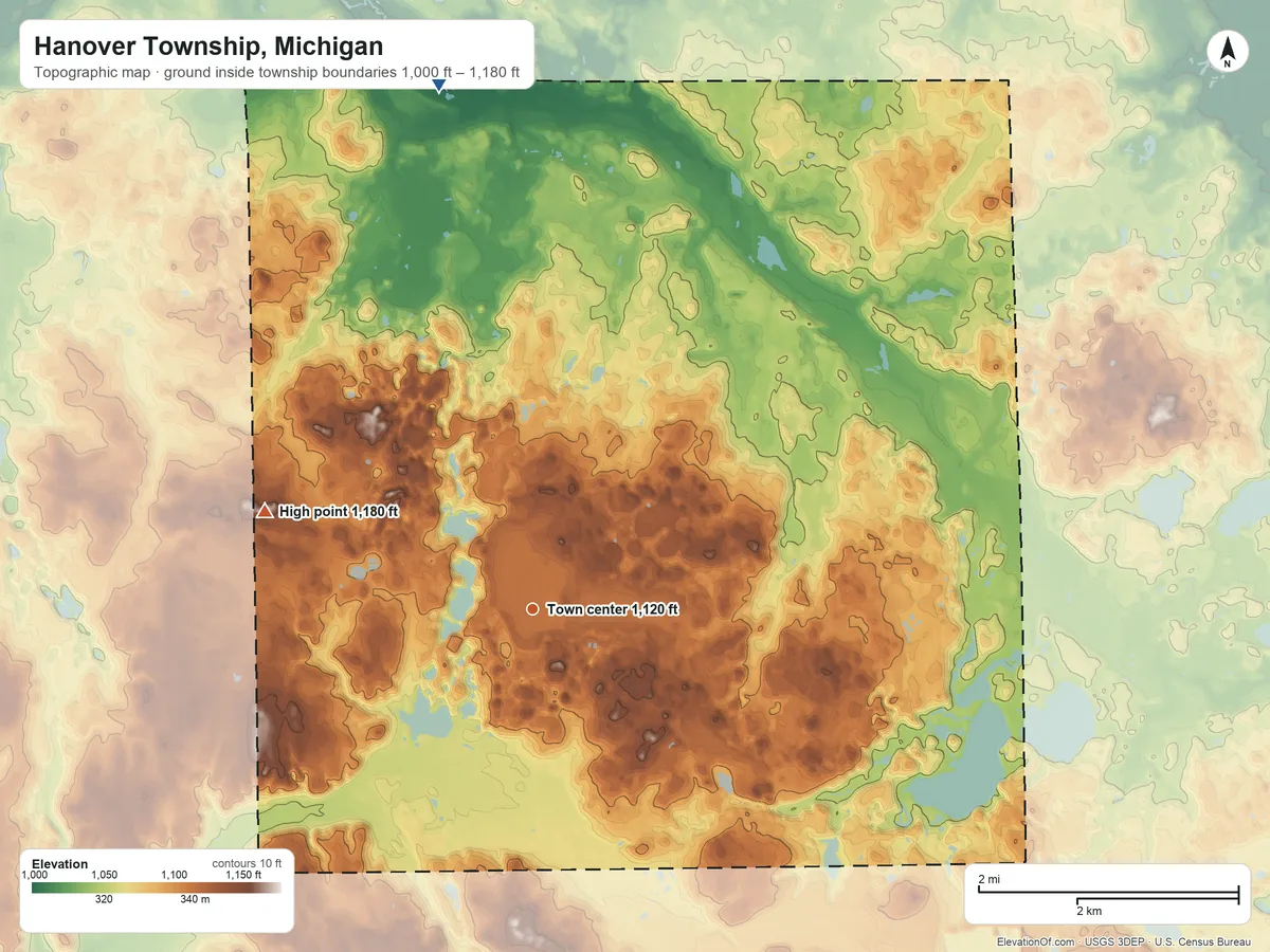 Topographic elevation map of Hanover Township, Michigan, shaded from 1,000 ft on the north side to 1,180 ft on the west side