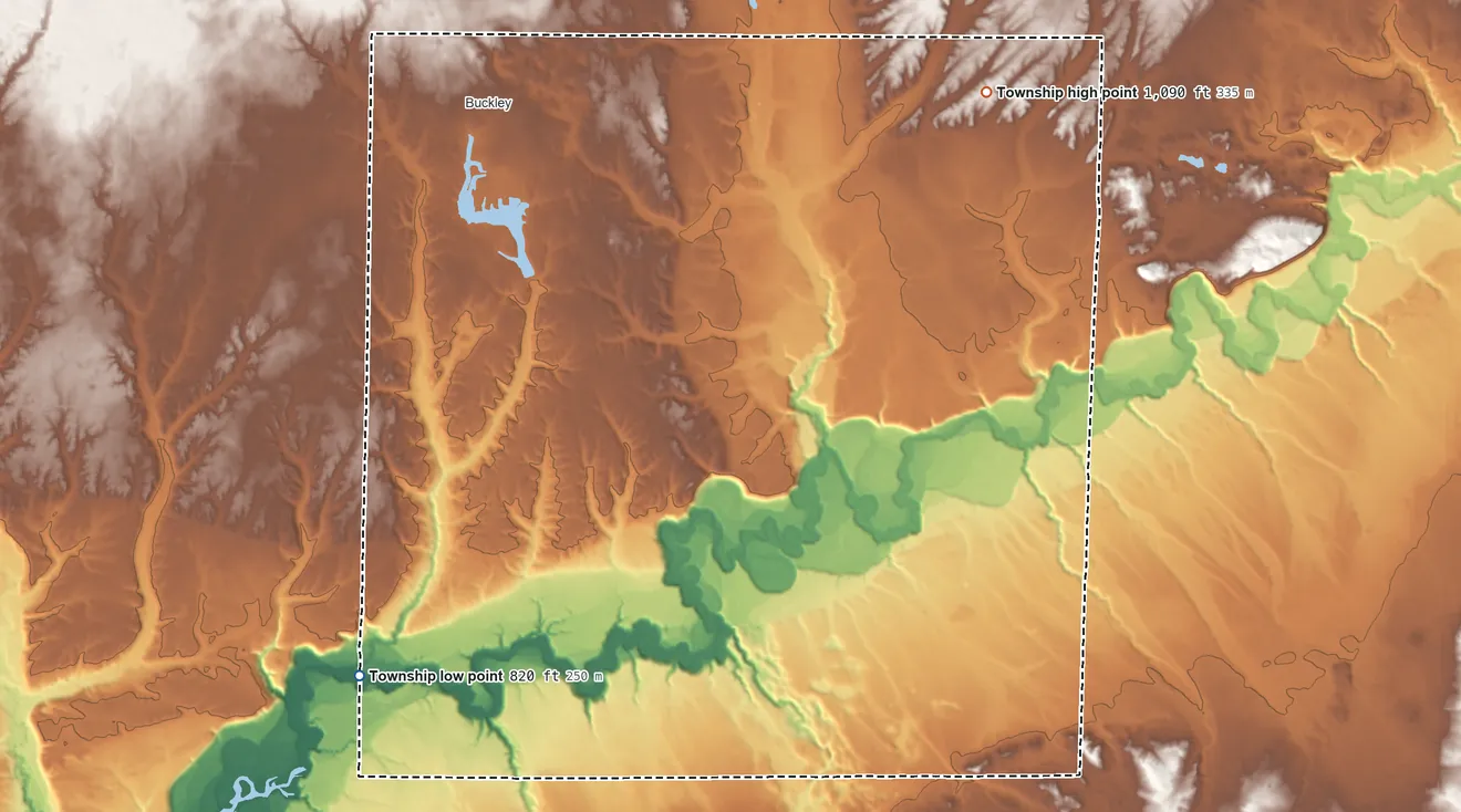 Topographic elevation map of Hanover Township, Wexford County, Michigan, shaded from 820 ft on the south side to 1,090 ft on the east side