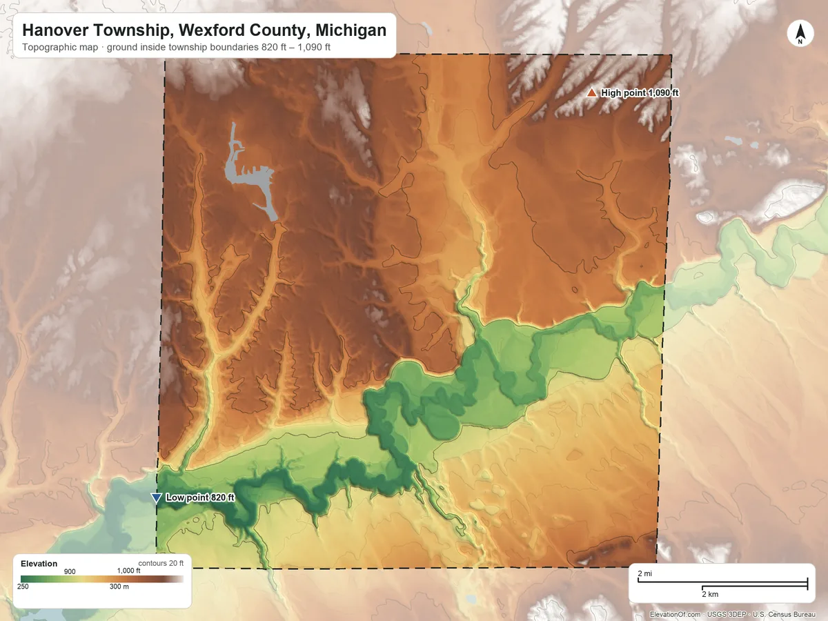 Topographic elevation map of Hanover Township, Wexford County, Michigan, shaded from 820 ft on the south side to 1,090 ft on the east side