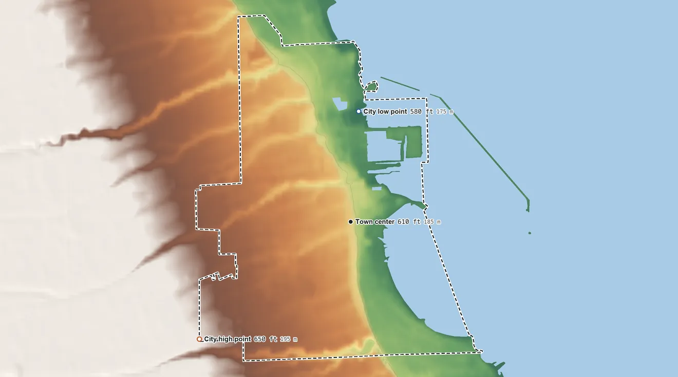 Topographic elevation map of Harbor Beach, Michigan, shaded from 580 ft on the north side to 650 ft on the southwest side
