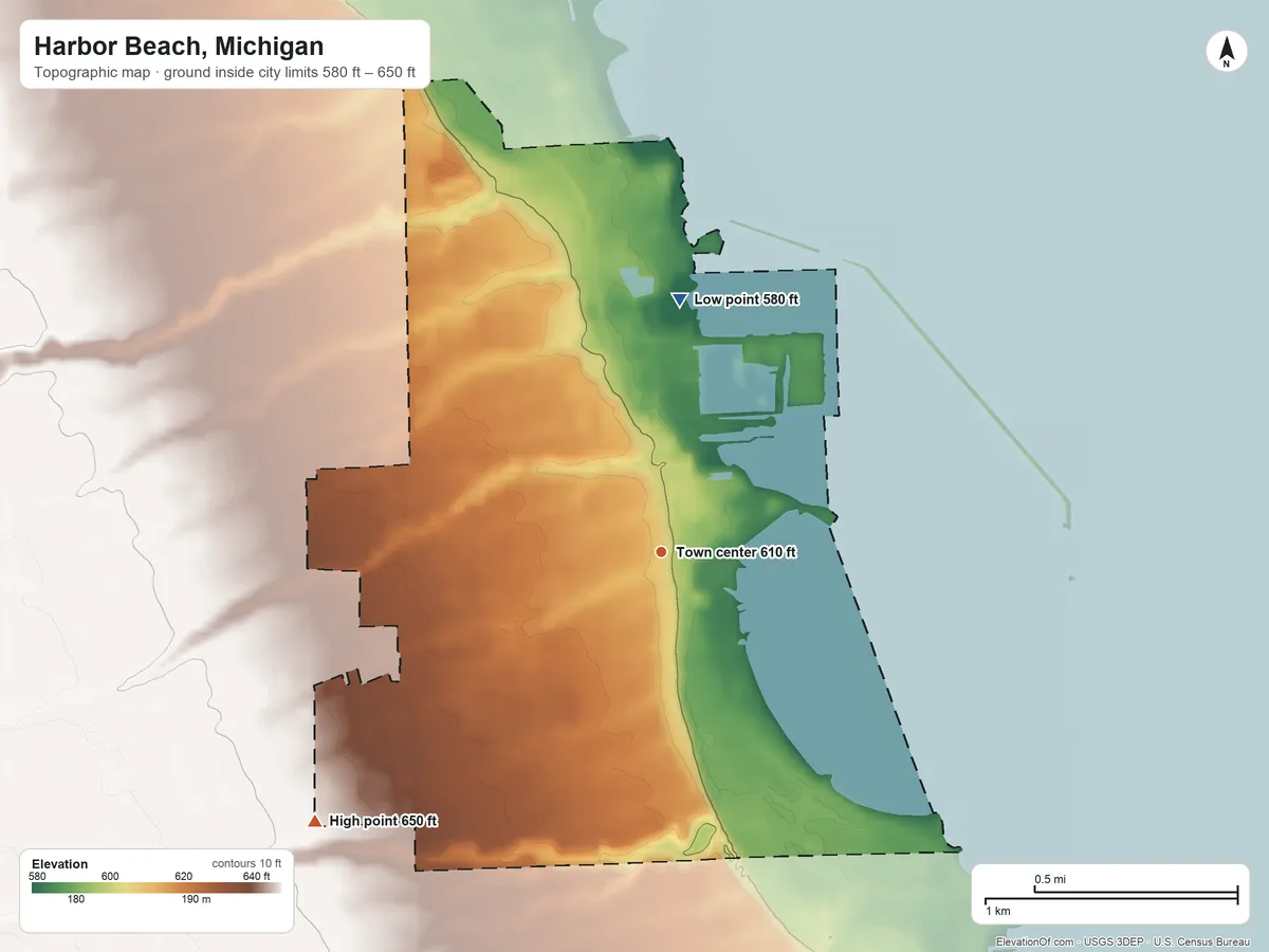 Topographic elevation map of Harbor Beach, Michigan, shaded from 580 ft on the north side to 650 ft on the southwest side