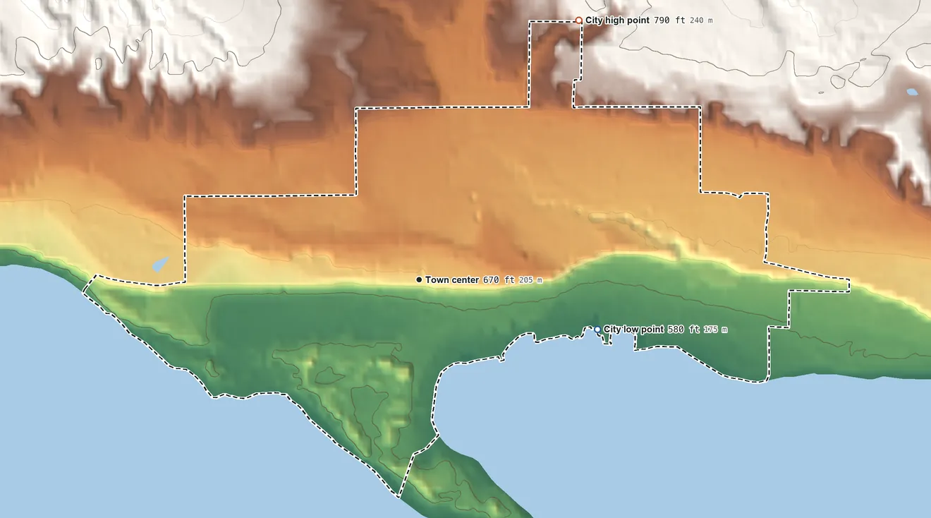 Topographic elevation map of Harbor Springs, Michigan, shaded from 580 ft on the east side to 790 ft on the northeast side