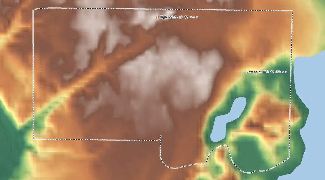 Topographic elevation map of Hardwood Acres, Michigan, shaded from 820 ft on the east side to 910 ft on the northwest side