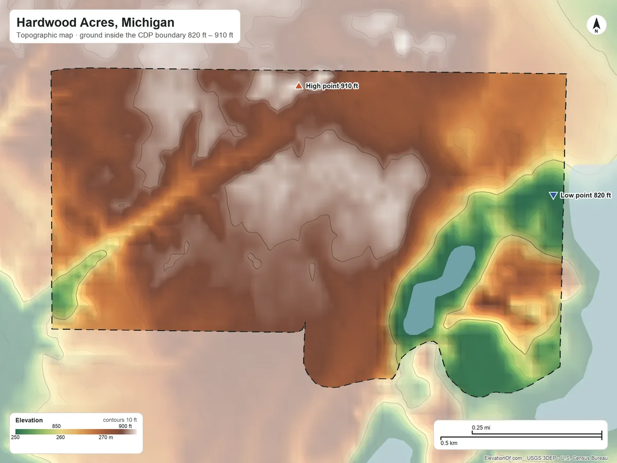 Topographic elevation map of Hardwood Acres, Michigan, shaded from 820 ft on the east side to 910 ft on the northwest side