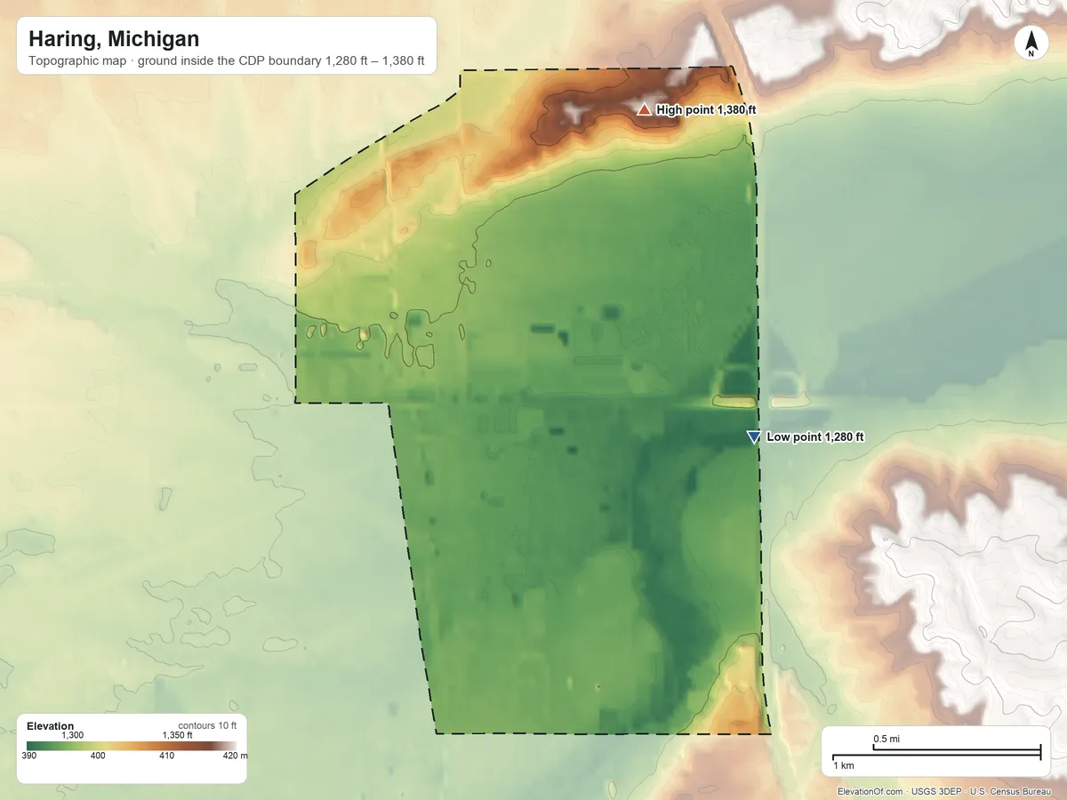 Topographic elevation map of Haring, Michigan, shaded from 1,280 ft on the east side to 1,380 ft on the north side