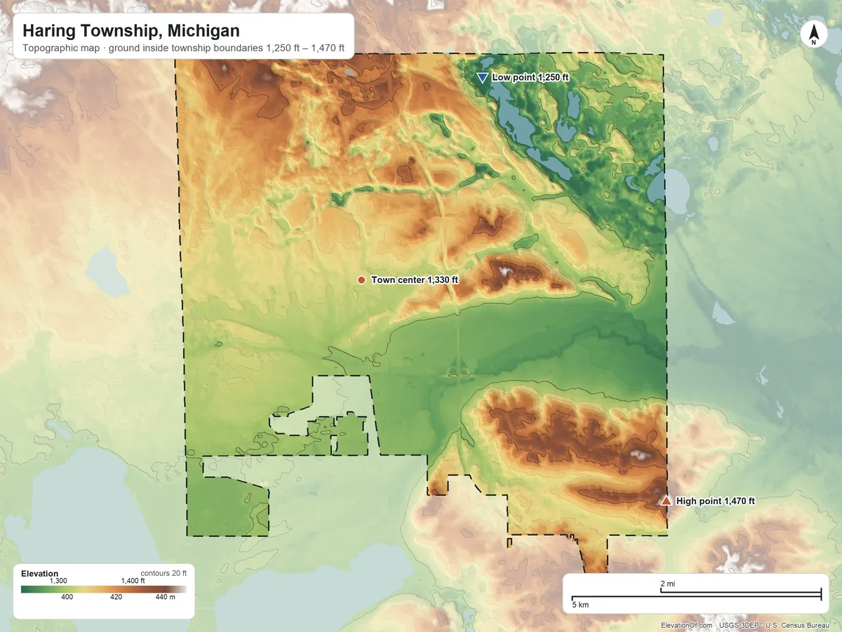 Topographic elevation map of Haring Township, Michigan, shaded from 1,250 ft on the northeast side to 1,470 ft on the southeast side
