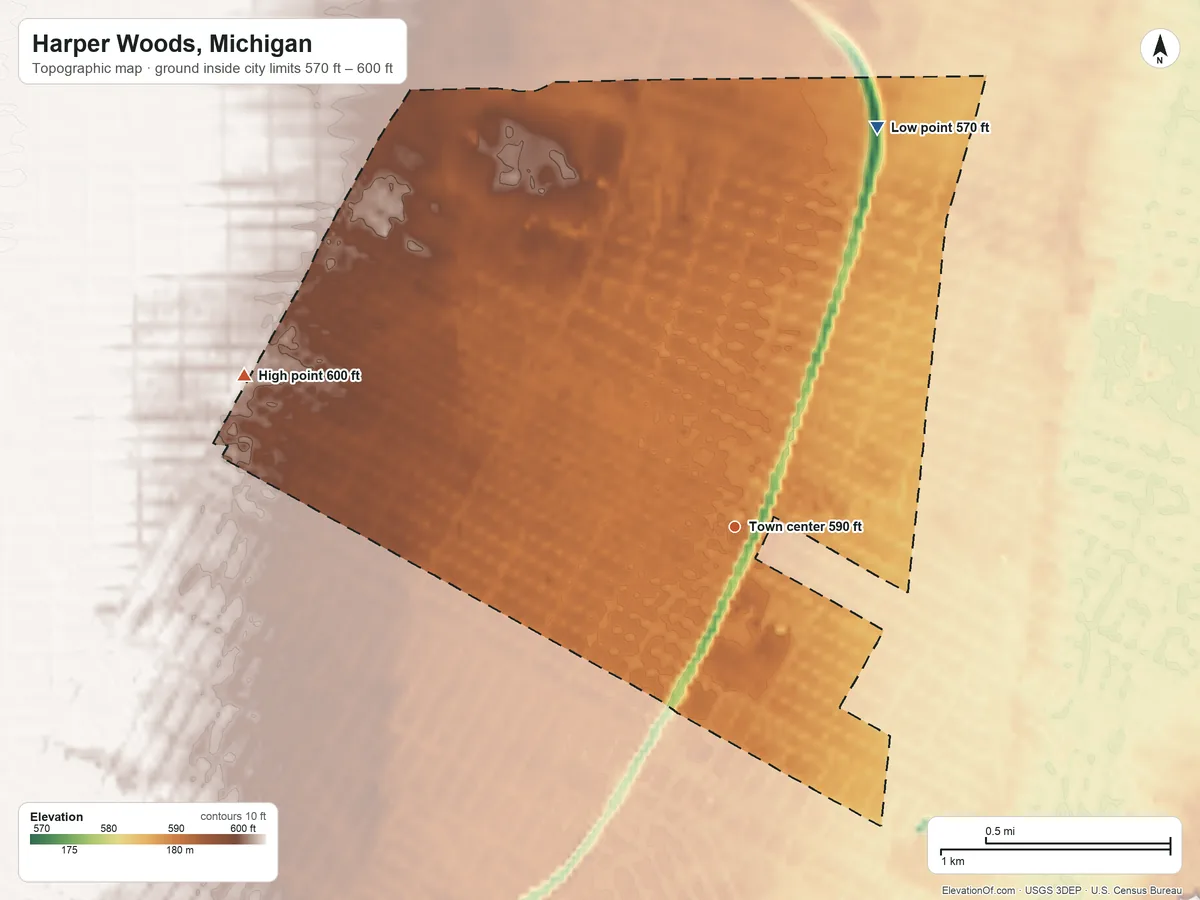 Topographic elevation map of Harper Woods, Michigan, shaded from 570 ft on the north side to 600 ft on the west side
