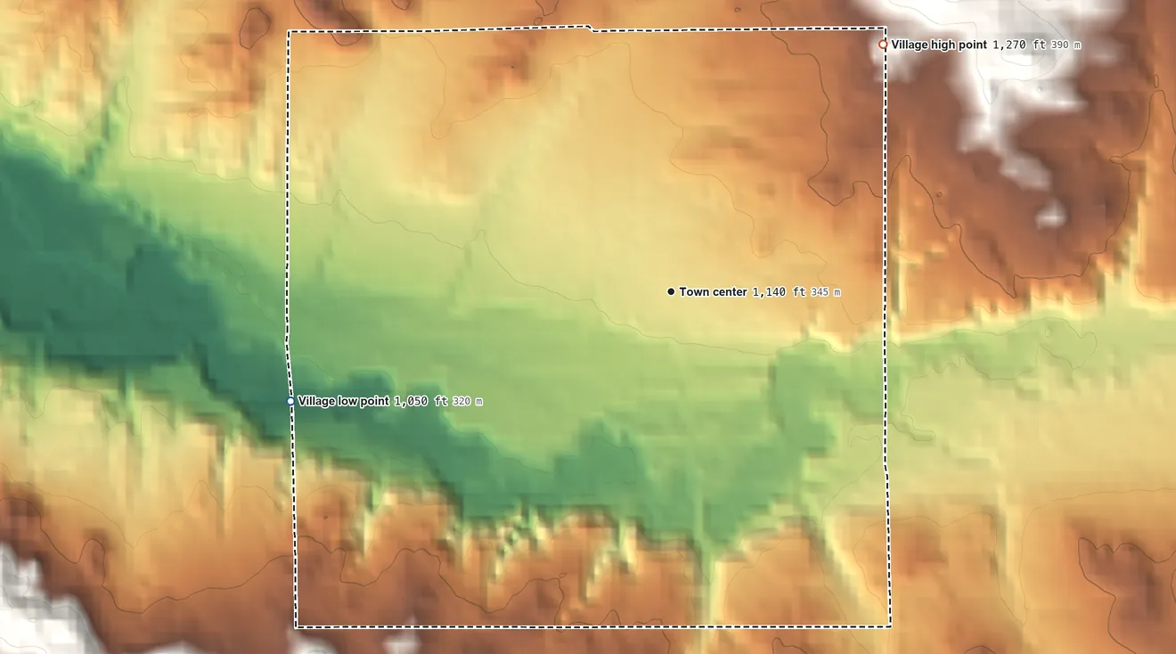 Topographic elevation map of Harrietta, Michigan, shaded from 1,050 ft on the west side to 1,270 ft on the northeast side
