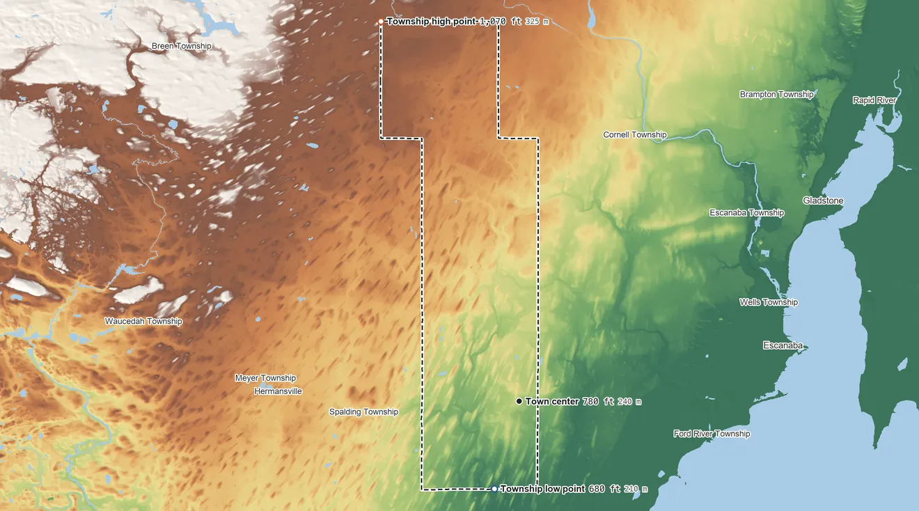 Topographic elevation map of Harris Township, Michigan, shaded from 680 ft on the south side to 1,070 ft on the north side