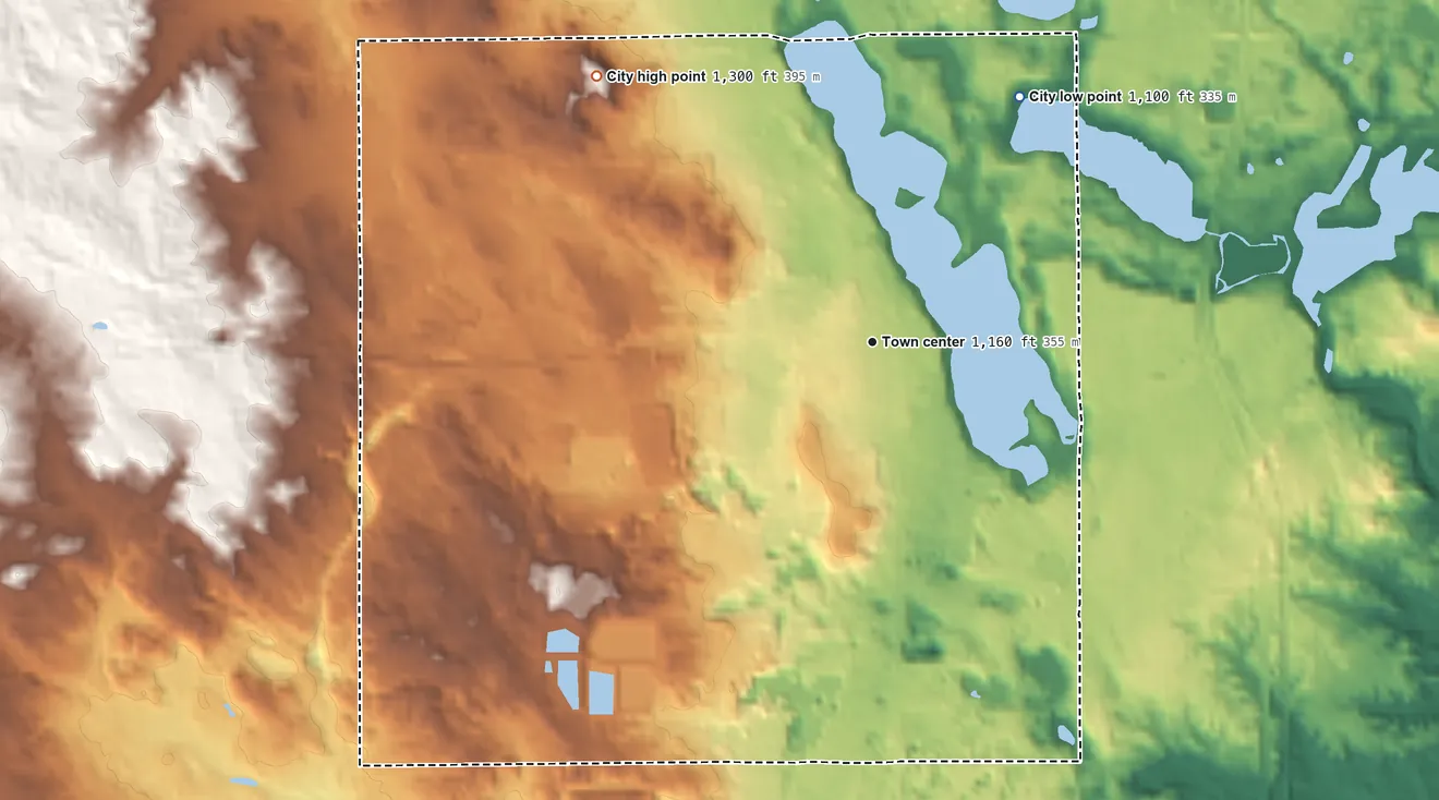 Topographic elevation map of Harrison, Michigan, shaded from 1,100 ft on the northeast side to 1,300 ft on the northwest side