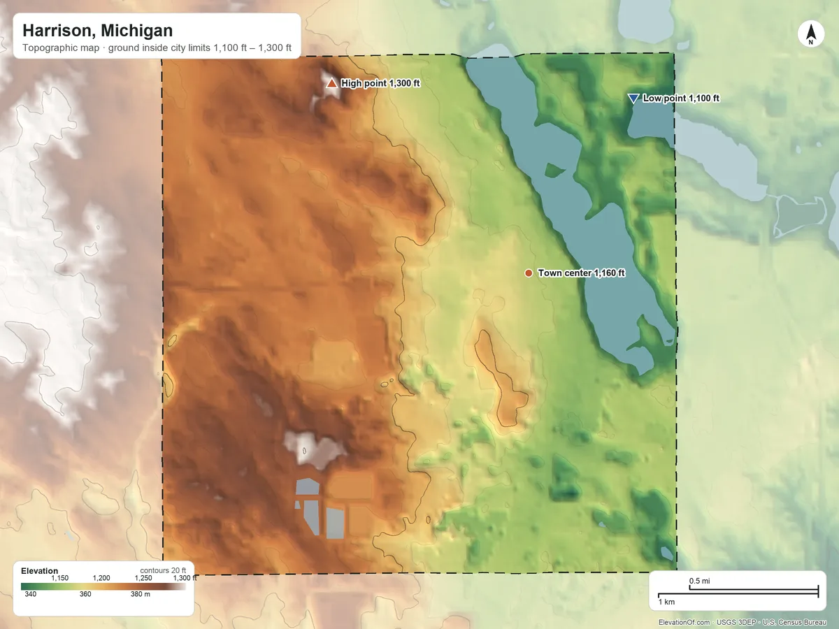 Topographic elevation map of Harrison, Michigan, shaded from 1,100 ft on the northeast side to 1,300 ft on the northwest side