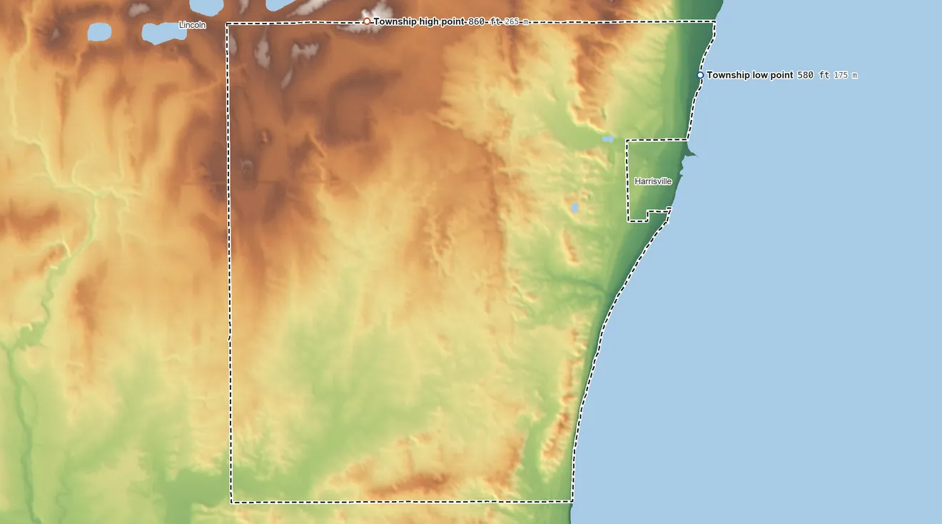 Topographic elevation map of Harrisville Township, Michigan, shaded from 580 ft on the northeast side to 860 ft on the northwest side