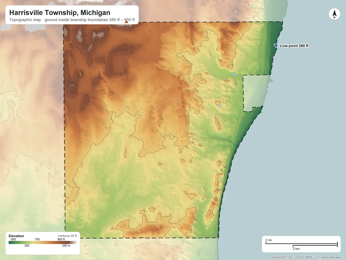 Topographic elevation map of Harrisville Township, Michigan, shaded from 580 ft on the northeast side to 860 ft on the northwest side