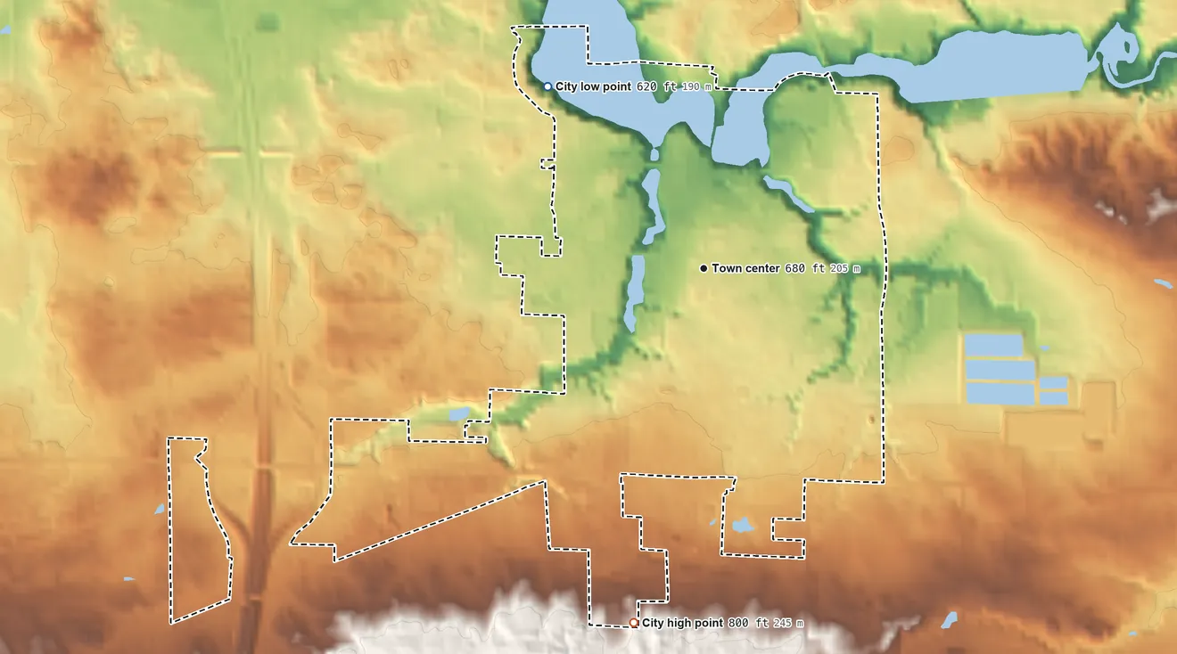 Topographic elevation map of Hart, Michigan, shaded from 620 ft on the northwest side to 800 ft on the south side