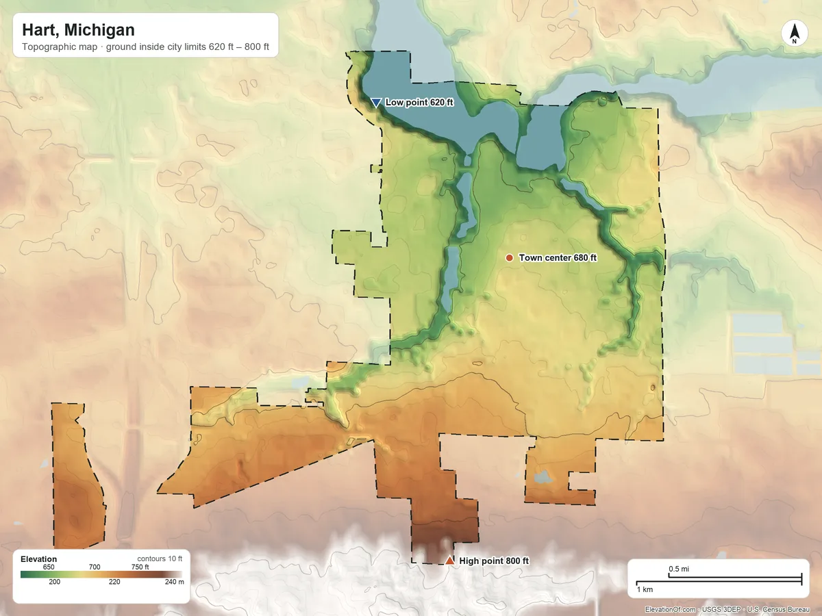 Topographic elevation map of Hart, Michigan, shaded from 620 ft on the northwest side to 800 ft on the south side