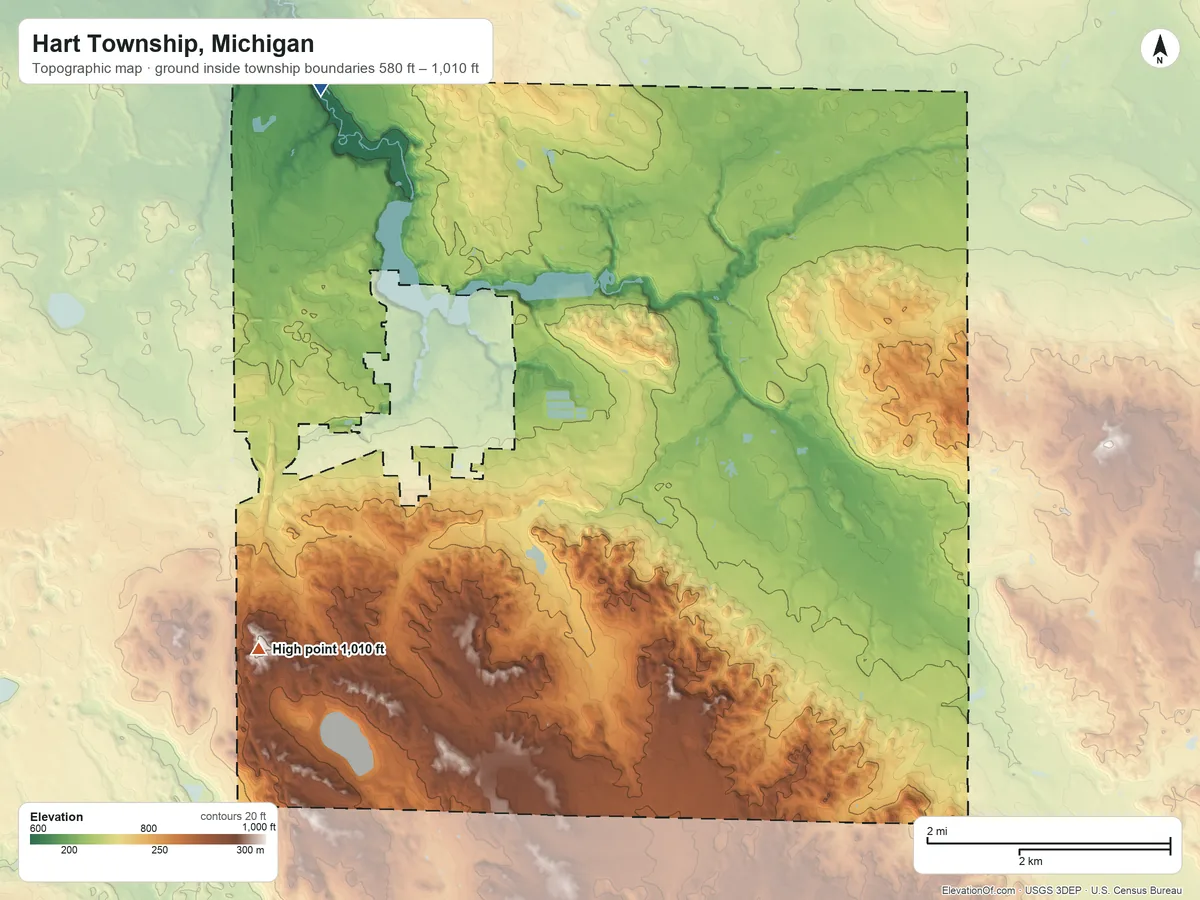 Topographic elevation map of Hart Township, Michigan, shaded from 580 ft on the northwest side to 1,010 ft on the southwest side