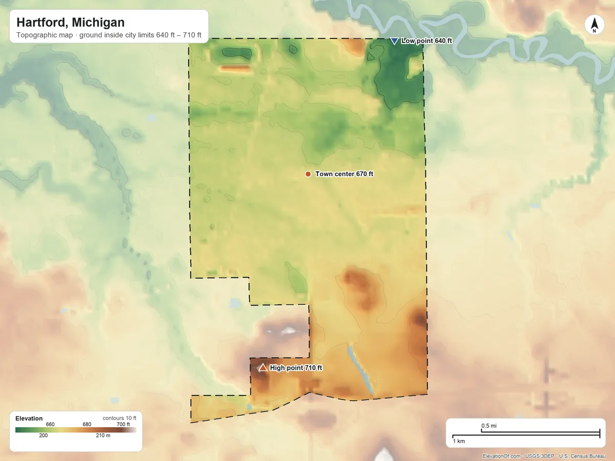 Topographic elevation map of Hartford, Michigan, shaded from 640 ft on the northeast side to 710 ft on the south side