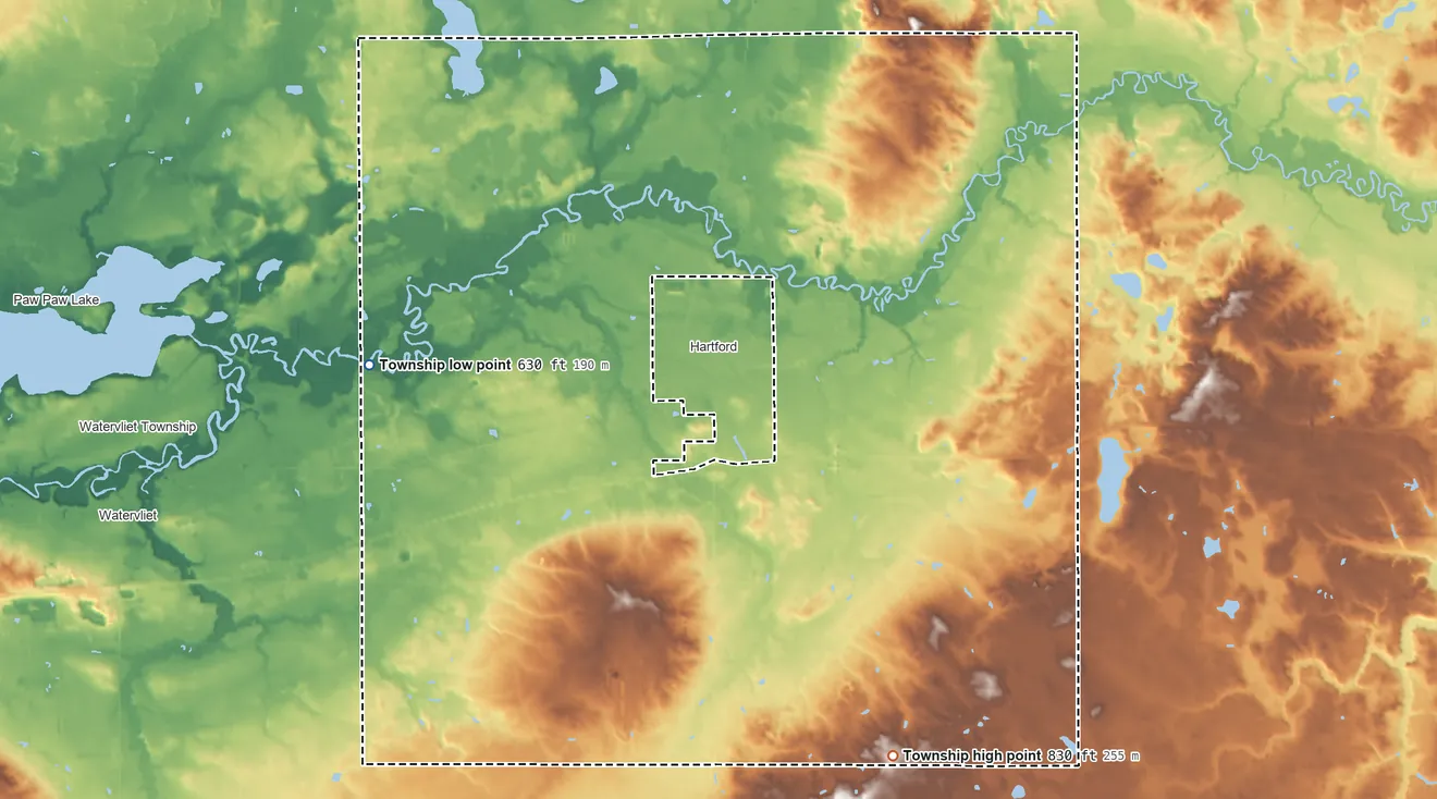Topographic elevation map of Hartford Township, Michigan, shaded from 630 ft on the west side to 830 ft on the southeast side