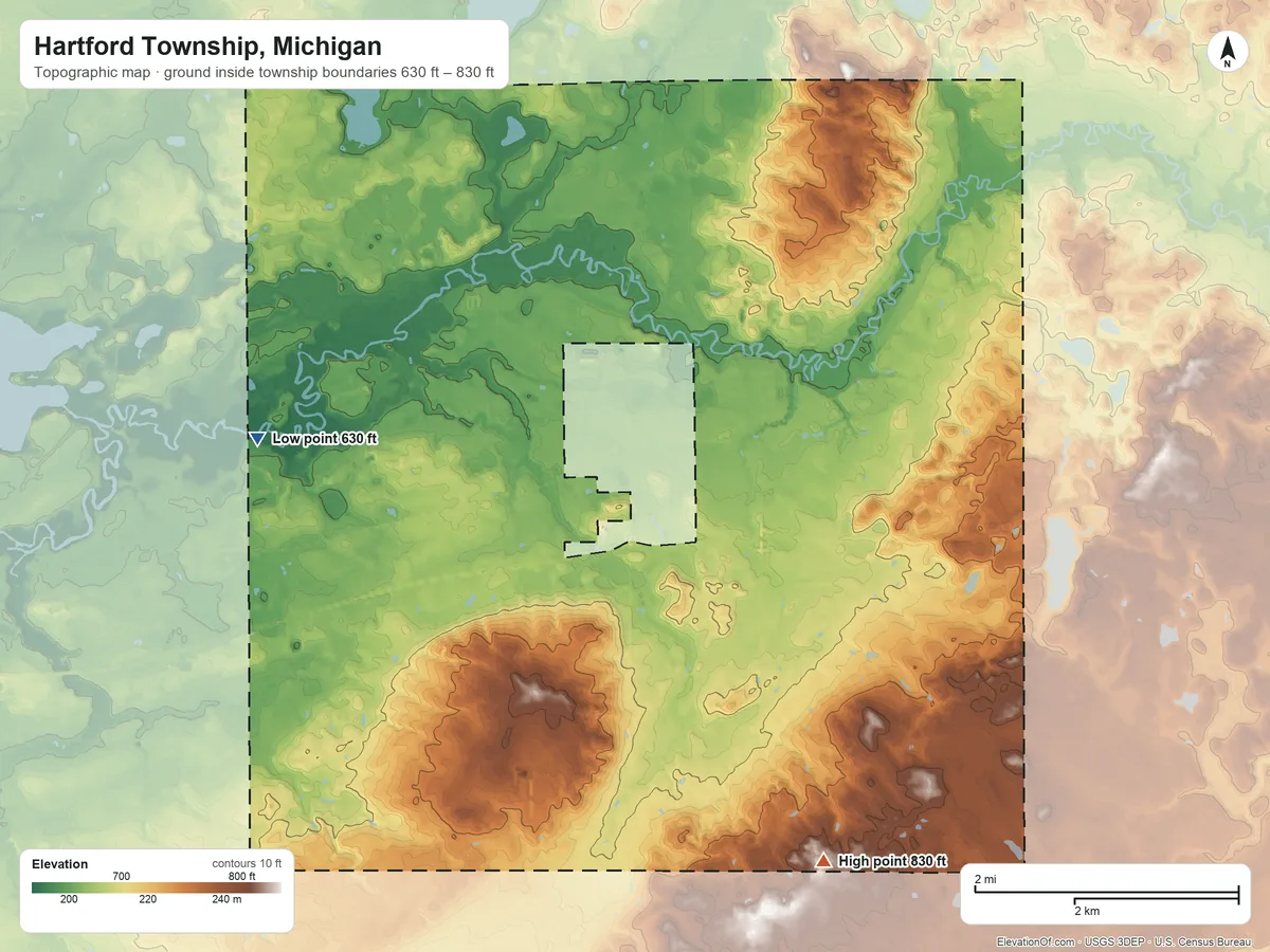Topographic elevation map of Hartford Township, Michigan, shaded from 630 ft on the west side to 830 ft on the southeast side