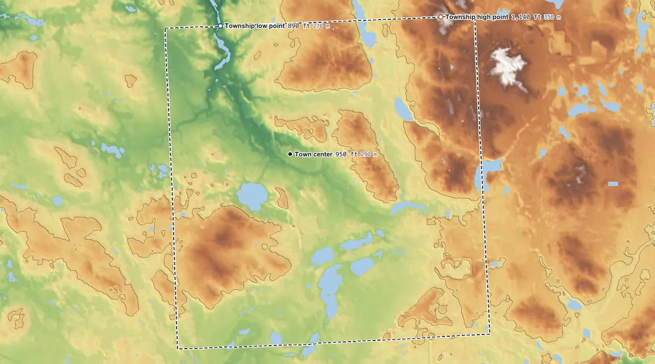 Topographic elevation map of Hartland Township, Michigan, shaded from 890 ft on the northwest side to 1,140 ft on the northeast side