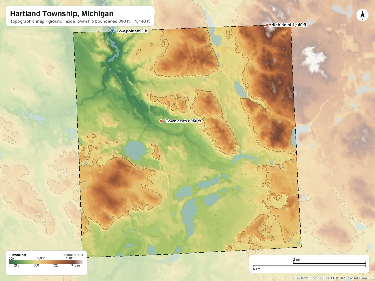 Topographic elevation map of Hartland Township, Michigan, shaded from 890 ft on the northwest side to 1,140 ft on the northeast side