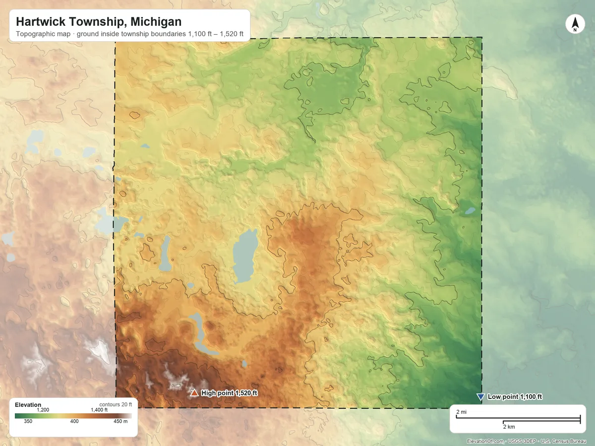 Topographic elevation map of Hartwick Township, Michigan, shaded from 1,100 ft on the southeast side to 1,520 ft on the southwest side