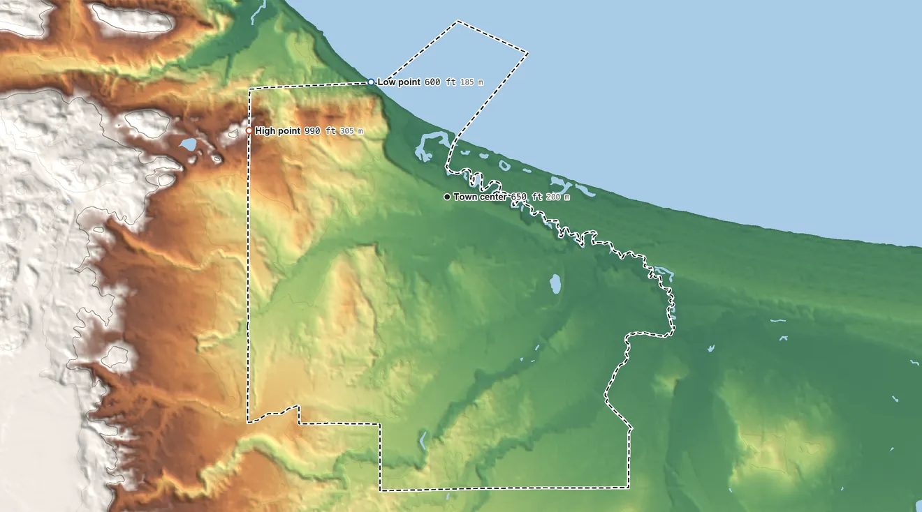 Topographic elevation map of Harvey, Michigan, shaded from 600 ft on the northwest side to 990 ft on the west side