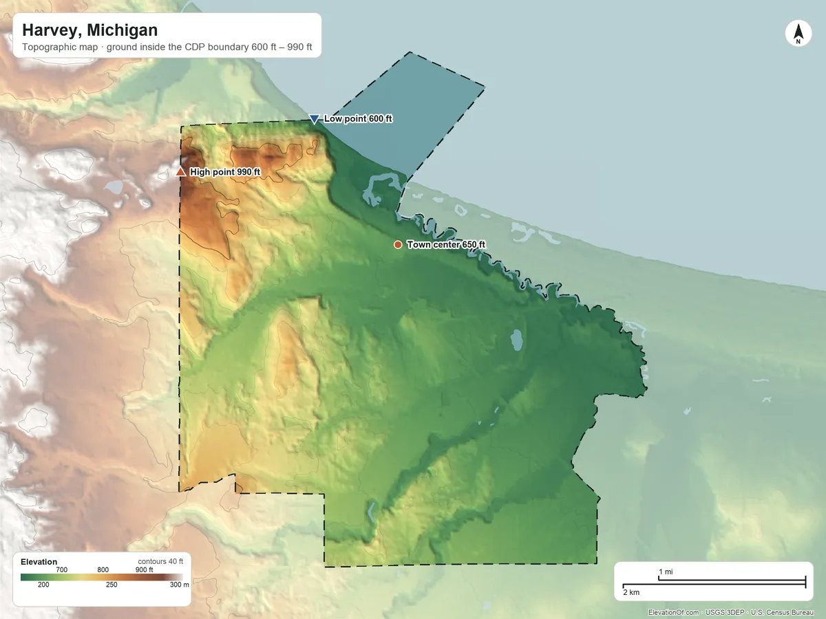 Topographic elevation map of Harvey, Michigan, shaded from 600 ft on the northwest side to 990 ft on the west side
