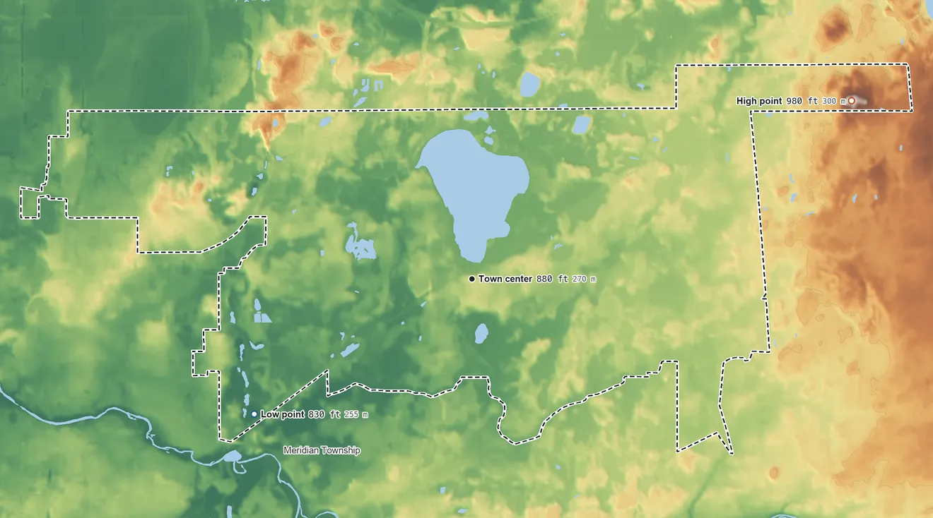 Topographic elevation map of Haslett, Michigan, shaded from 830 ft on the southwest side to 980 ft on the northeast side