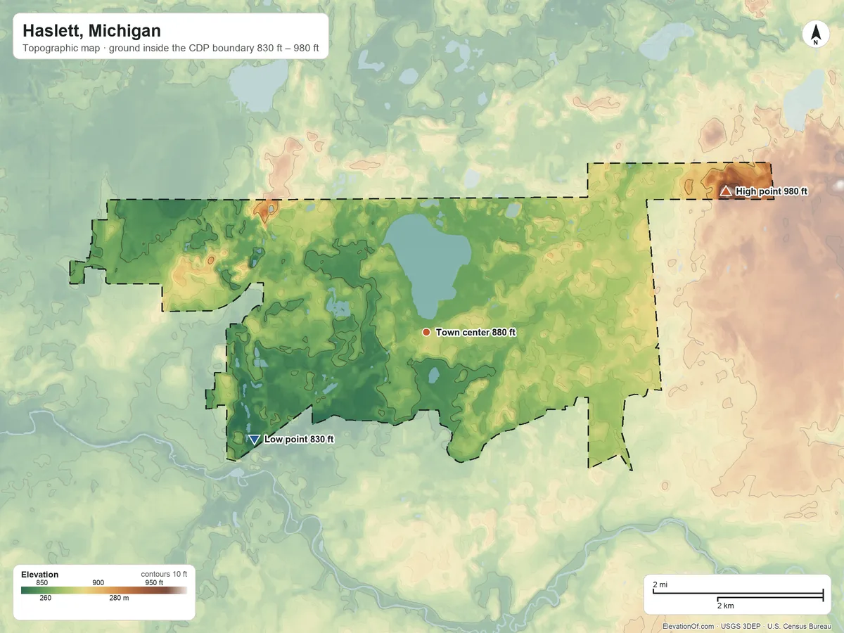 Topographic elevation map of Haslett, Michigan, shaded from 830 ft on the southwest side to 980 ft on the northeast side