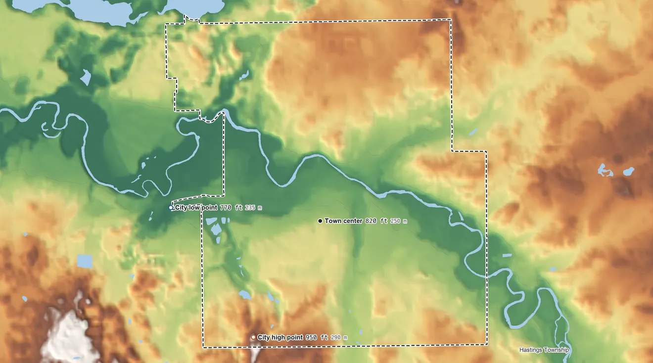 Topographic elevation map of Hastings, Michigan, shaded from 770 ft on the west side to 950 ft on the southwest side