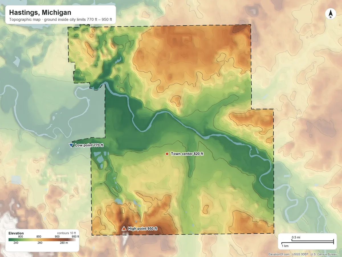 Topographic elevation map of Hastings, Michigan, shaded from 770 ft on the west side to 950 ft on the southwest side