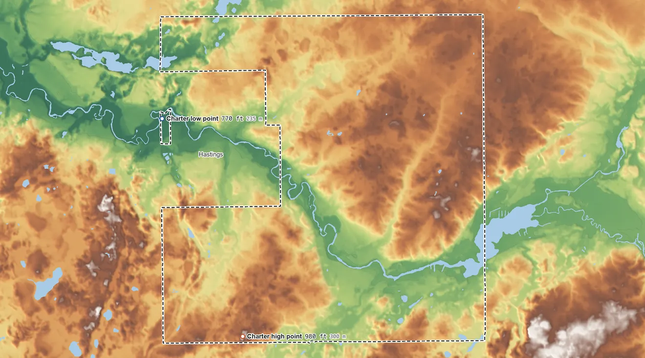 Topographic elevation map of Hastings Township, Michigan, shaded from 770 ft on the northwest side to 980 ft on the southwest side