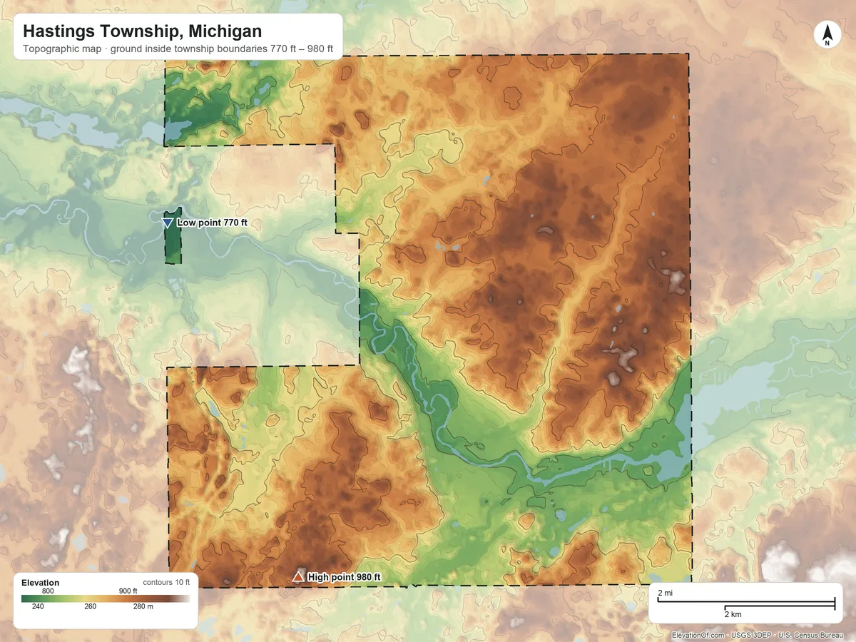 Topographic elevation map of Hastings Township, Michigan, shaded from 770 ft on the northwest side to 980 ft on the southwest side