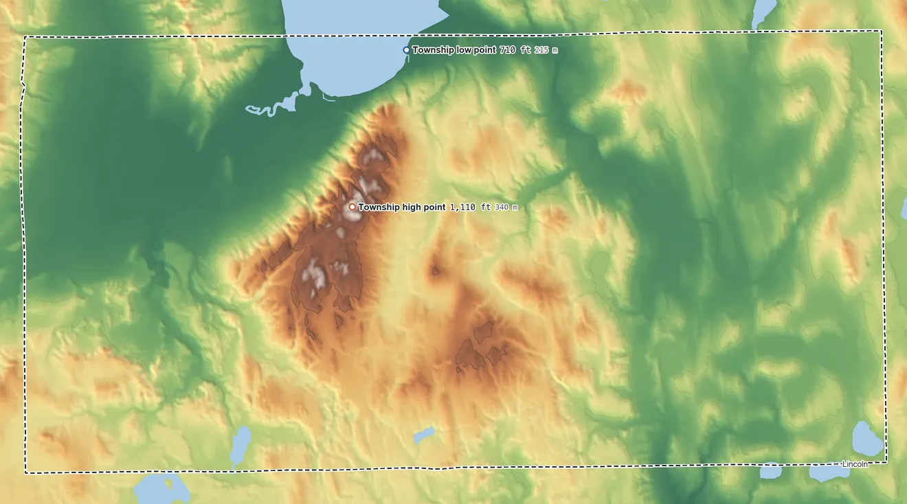 Topographic elevation map of Hawes Township, Michigan, shaded from 710 ft on the northwest side to 1,110 ft on the west side
