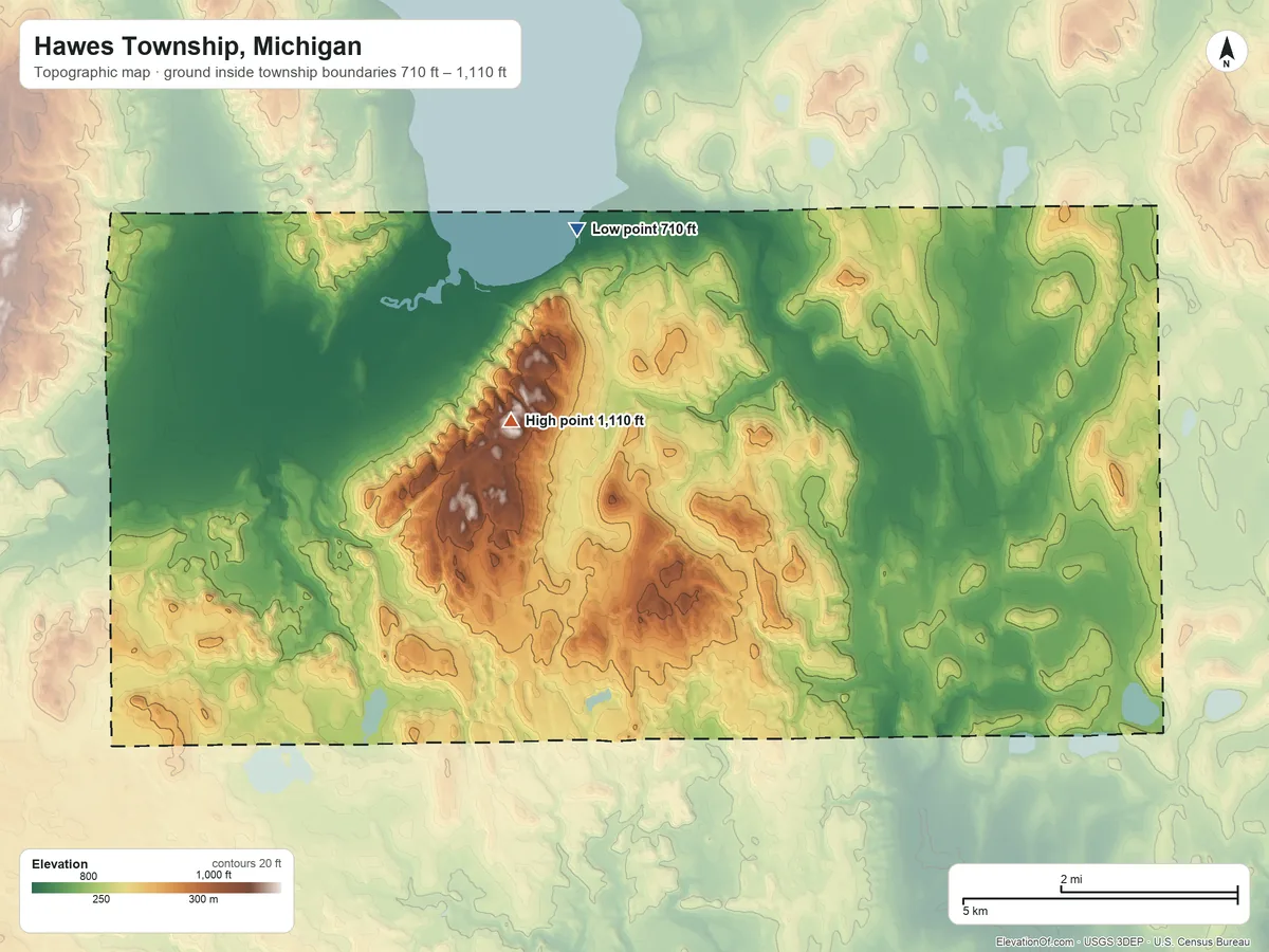 Topographic elevation map of Hawes Township, Michigan, shaded from 710 ft on the northwest side to 1,110 ft on the west side