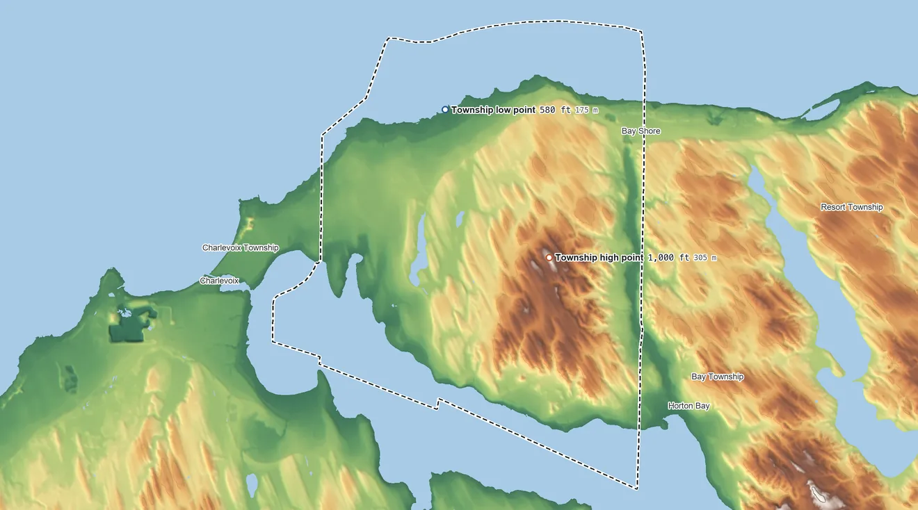 Topographic elevation map of Hayes Township, Charlevoix County, Michigan, shaded from 580 ft on the northwest side to 1,000 ft on the southeast side