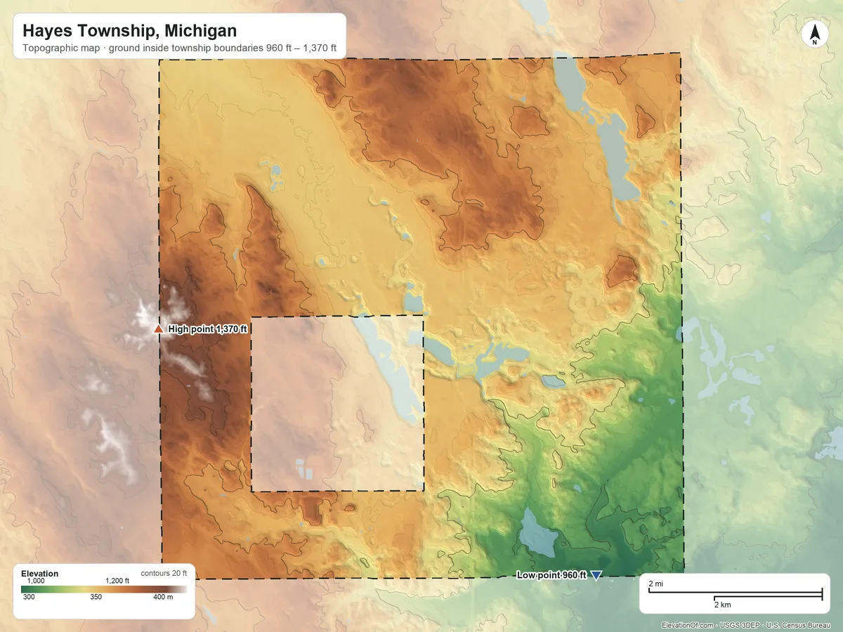 Topographic elevation map of Hayes Township, Michigan, shaded from 960 ft on the southeast side to 1,370 ft on the southwest side