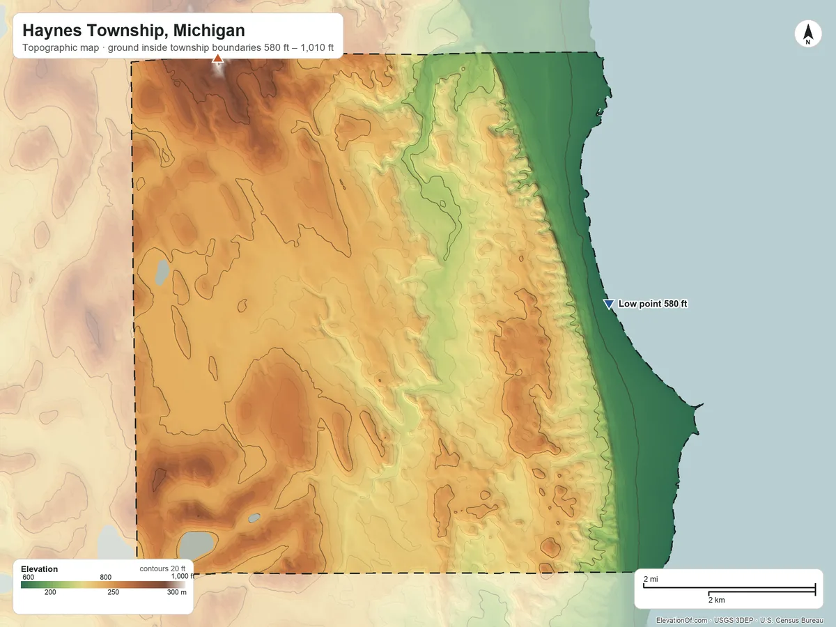 Topographic elevation map of Haynes Township, Michigan, shaded from 580 ft on the east side to 1,010 ft on the northwest side