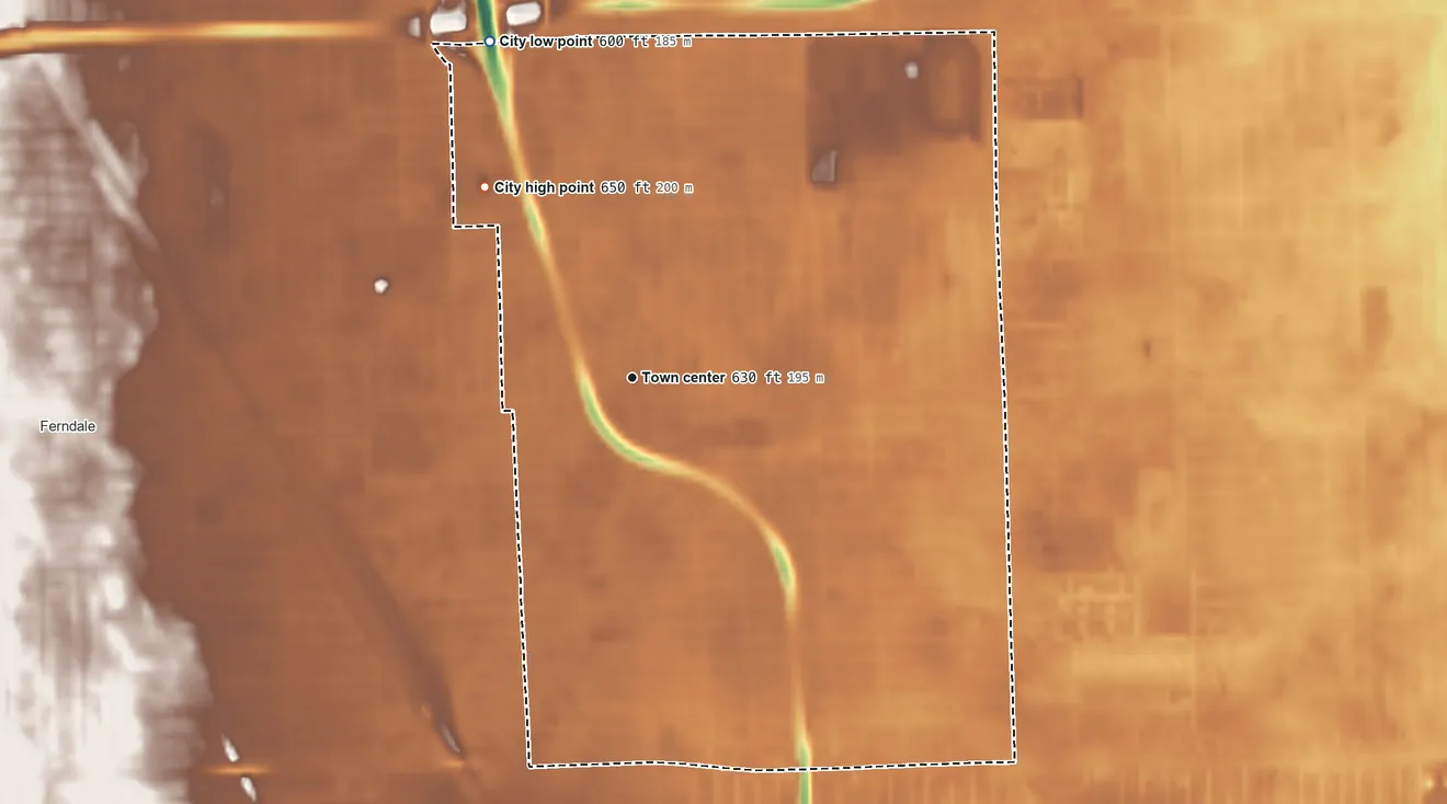 Topographic elevation map of Hazel Park, Michigan, shaded from 600 ft on the northwest side to 650 ft on the northwest side