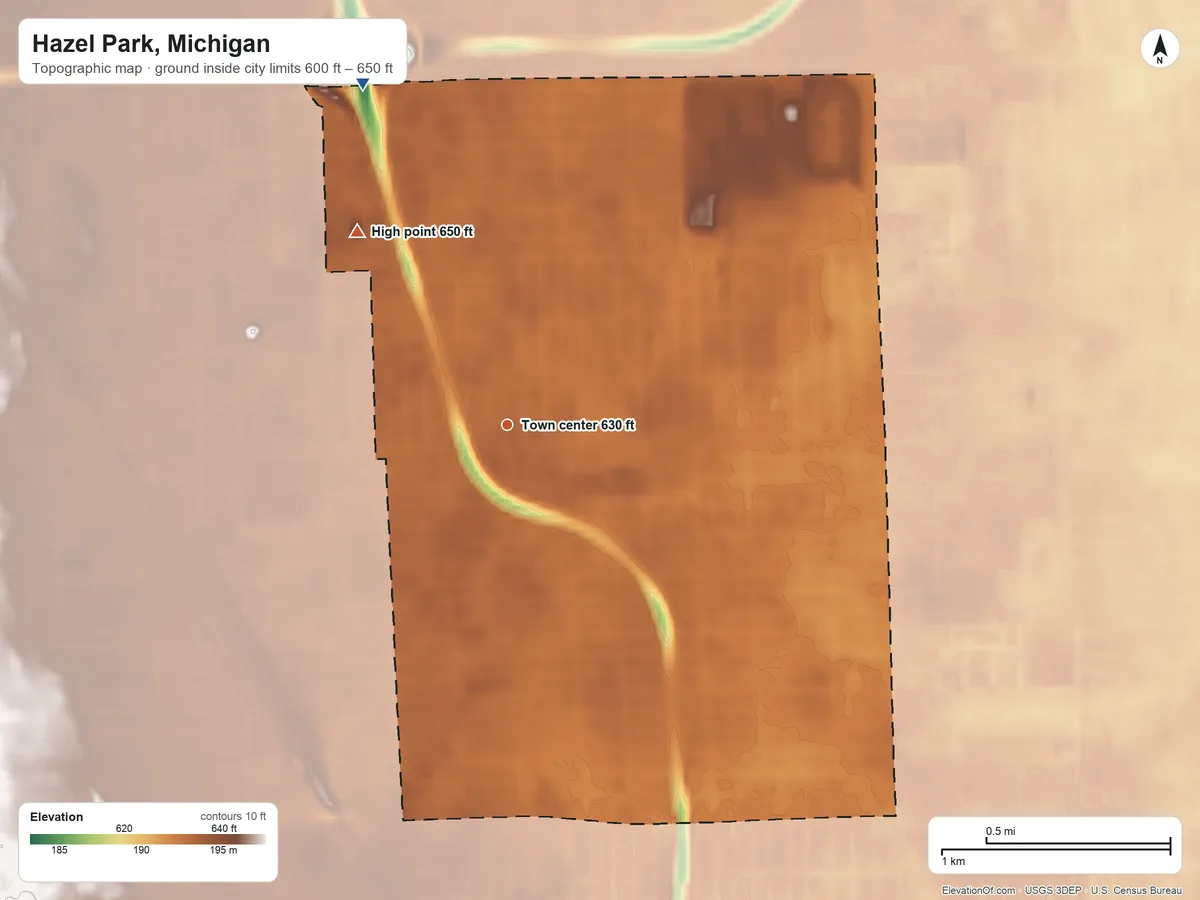 Topographic elevation map of Hazel Park, Michigan, shaded from 600 ft on the northwest side to 650 ft on the northwest side