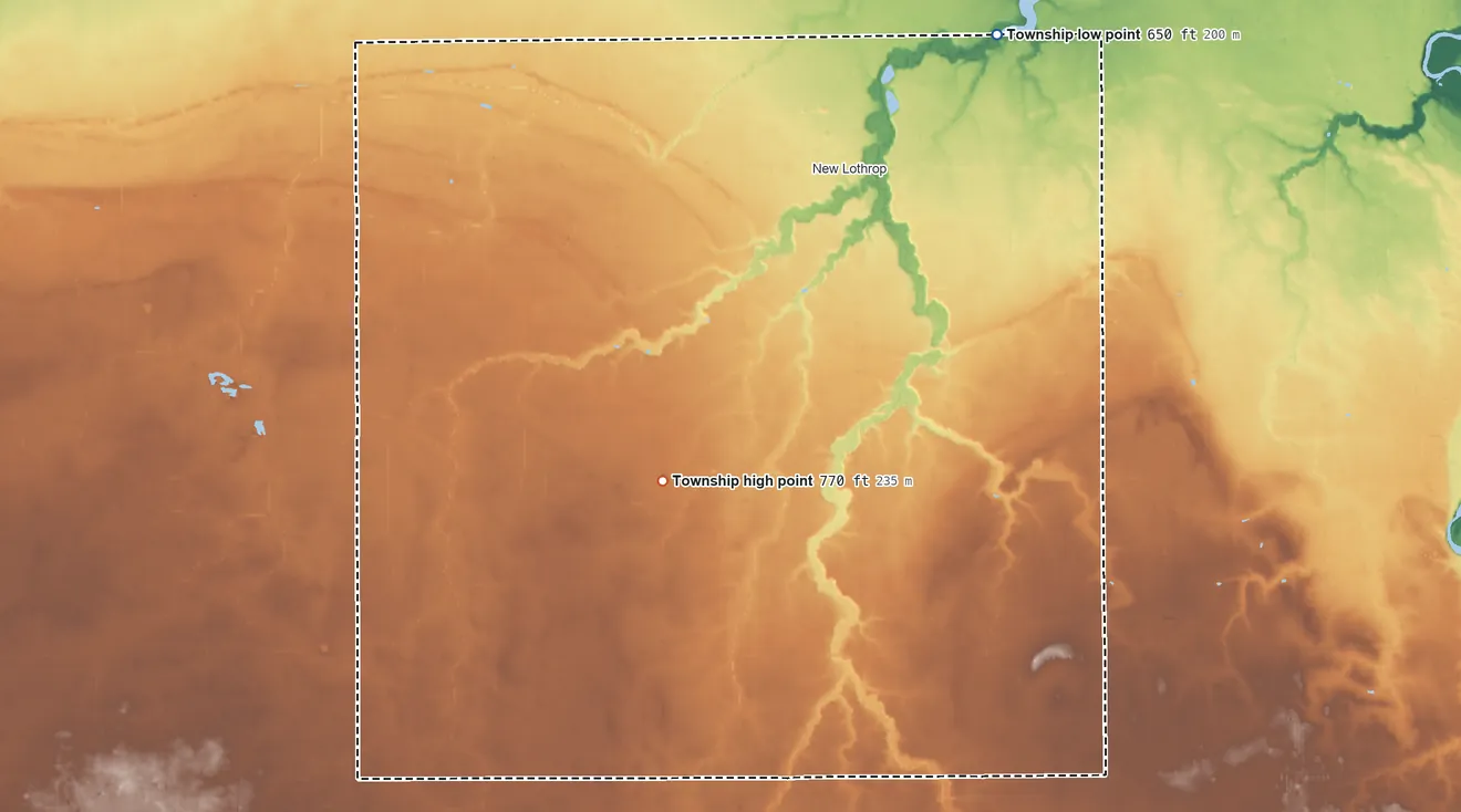 Topographic elevation map of Hazelton Township, Michigan, shaded from 650 ft on the northeast side to 770 ft on the southwest side