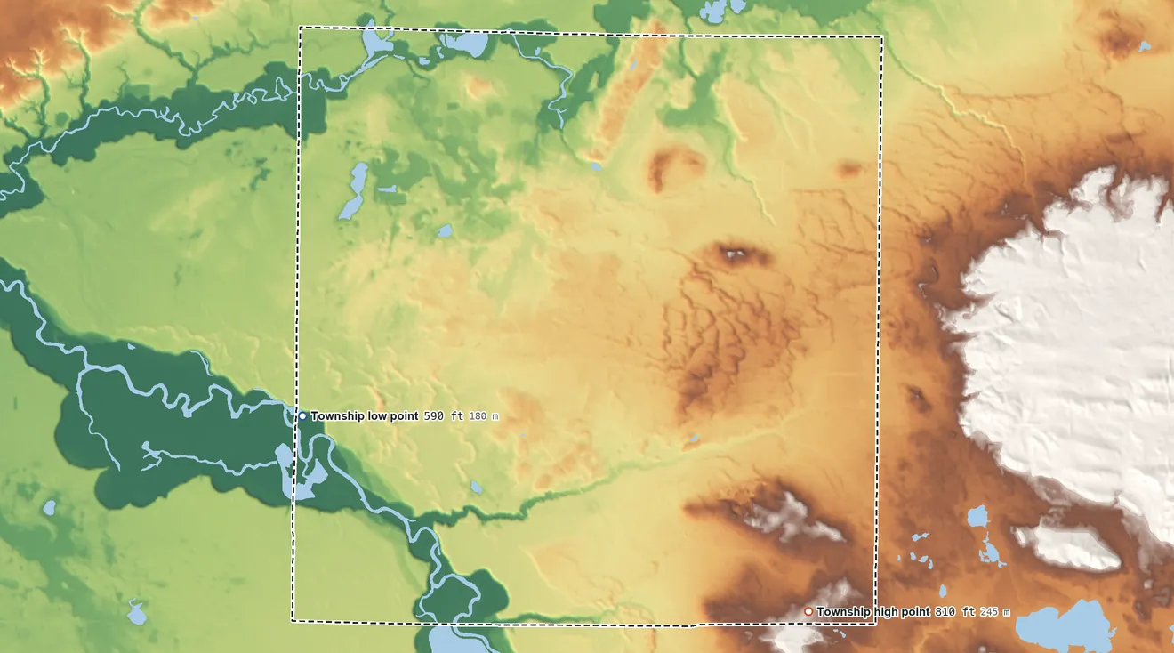 Topographic elevation map of Heath Township, Michigan, shaded from 590 ft on the southwest side to 810 ft on the southeast side