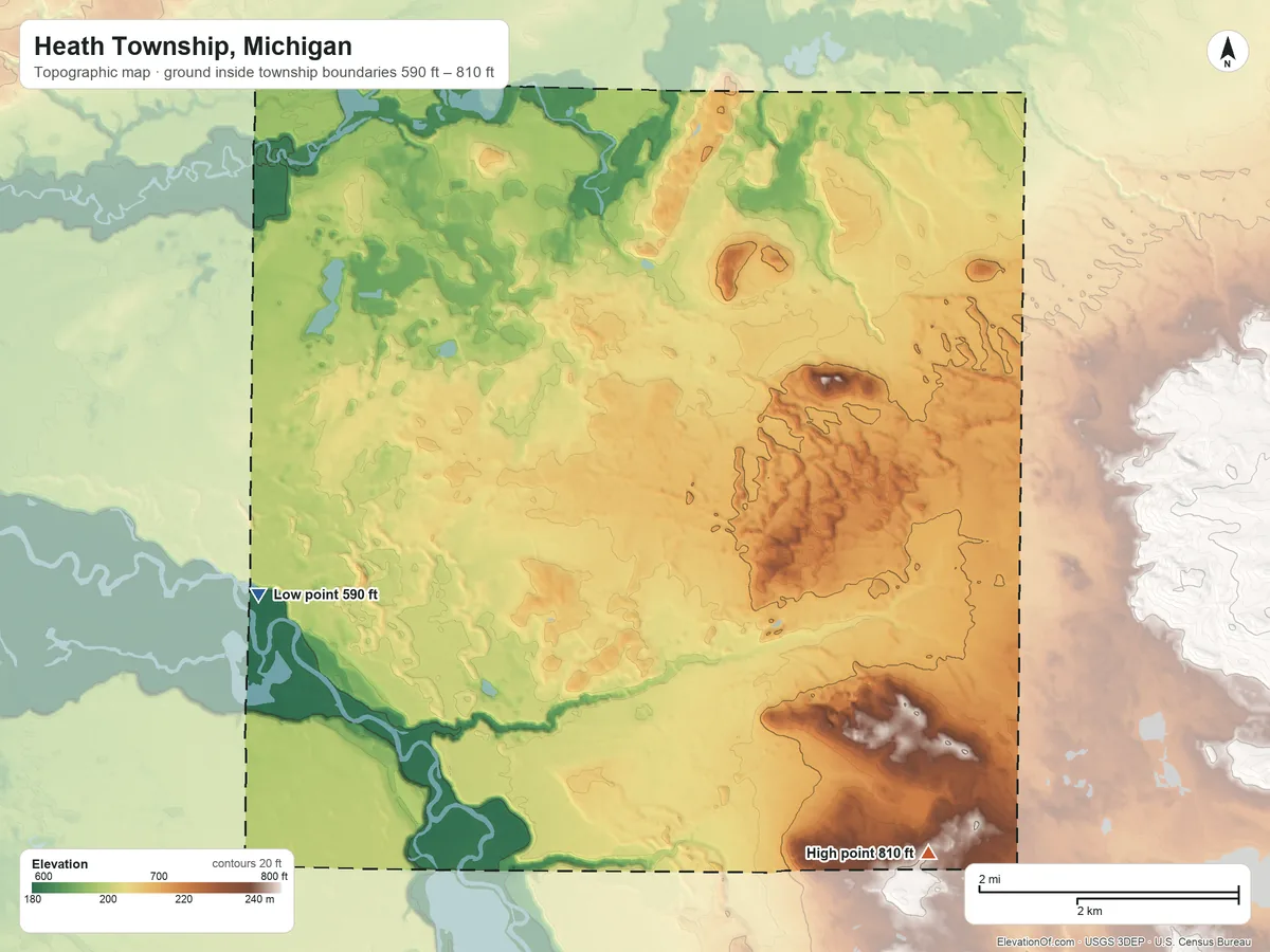 Topographic elevation map of Heath Township, Michigan, shaded from 590 ft on the southwest side to 810 ft on the southeast side