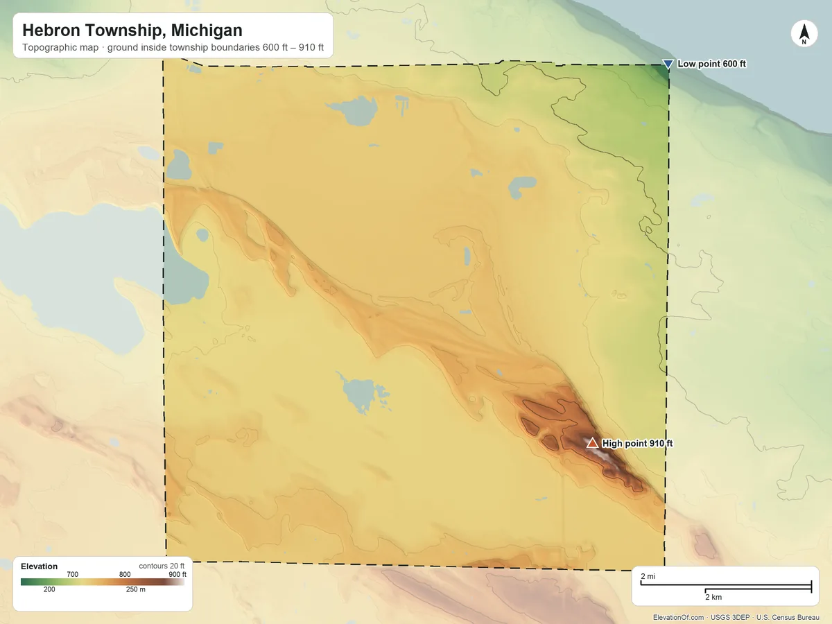 Topographic elevation map of Hebron Township, Michigan, shaded from 600 ft on the northeast side to 910 ft on the southeast side