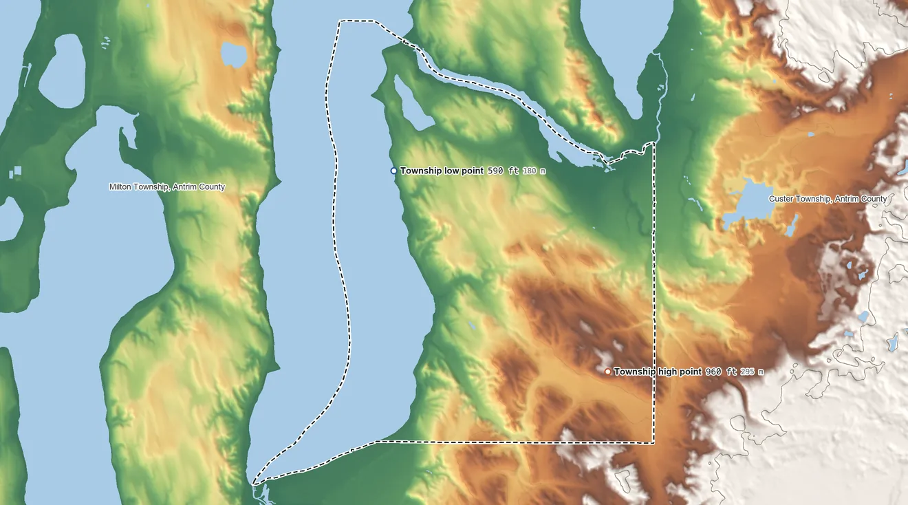 Topographic elevation map of Helena Township, Michigan, shaded from 590 ft on the northwest side to 960 ft on the southeast side